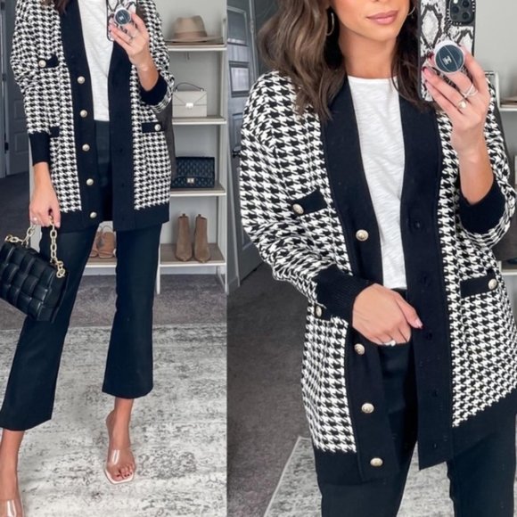 Sweaters - Classy Pocketed knit Houndstooth Cardigan